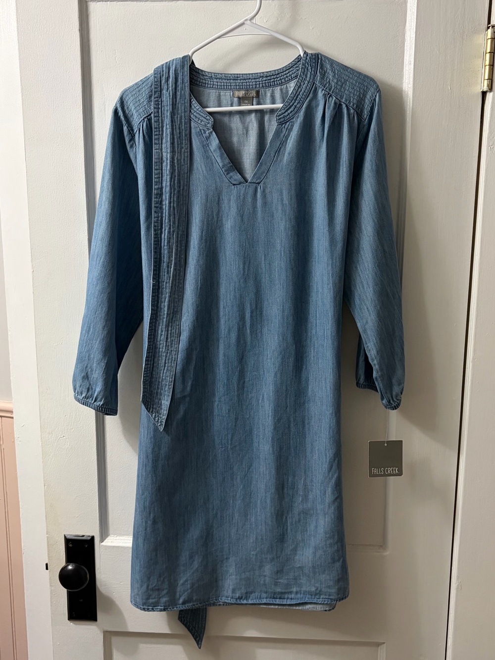 Light Wash Denim Tunic Dress with Waist Tie